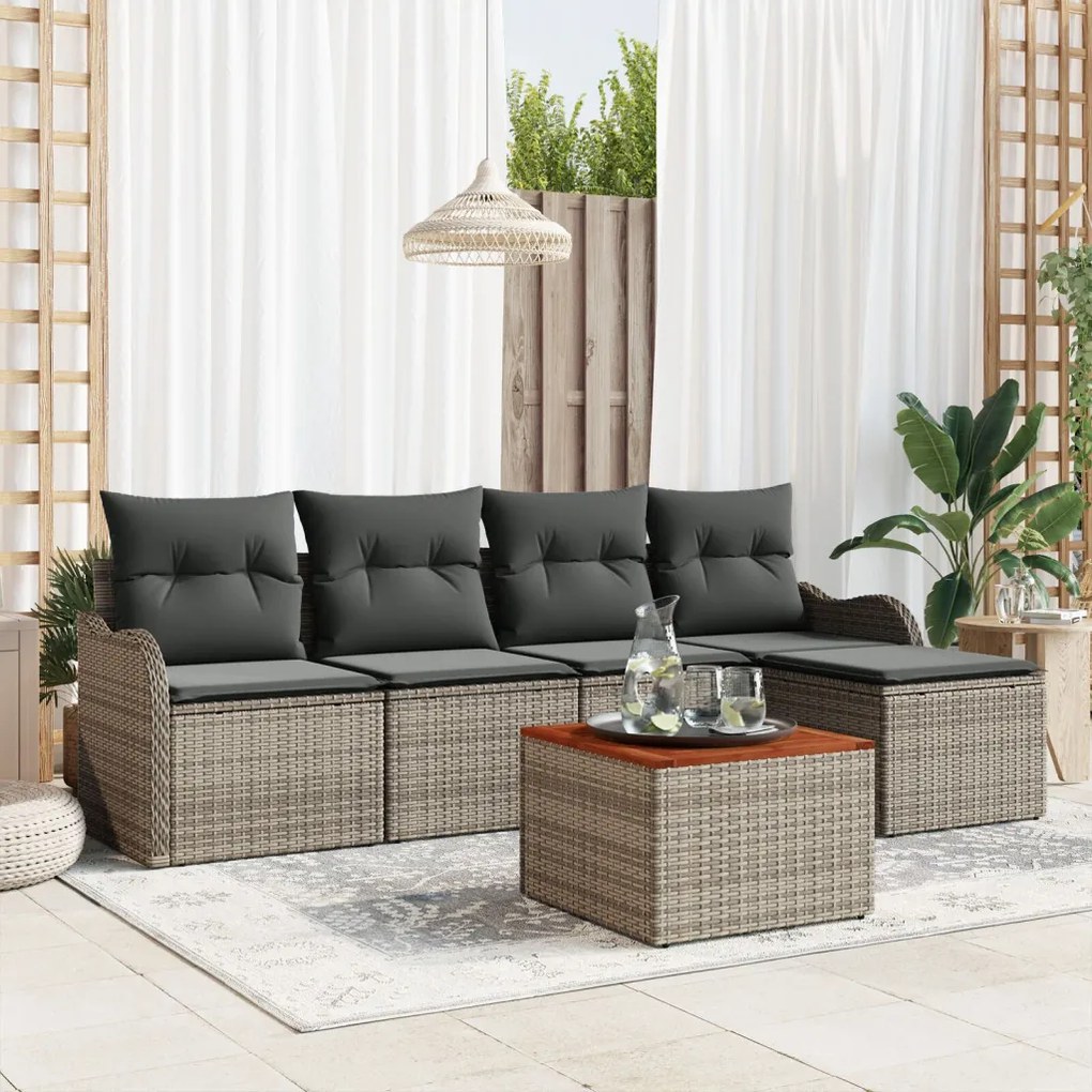 6 részes Kerti Sofa Szett Párnákkal Szürke Poly Rattan Akác, 2-személyes Kerti Sofa Párnákkal Szürke Poly Rattan