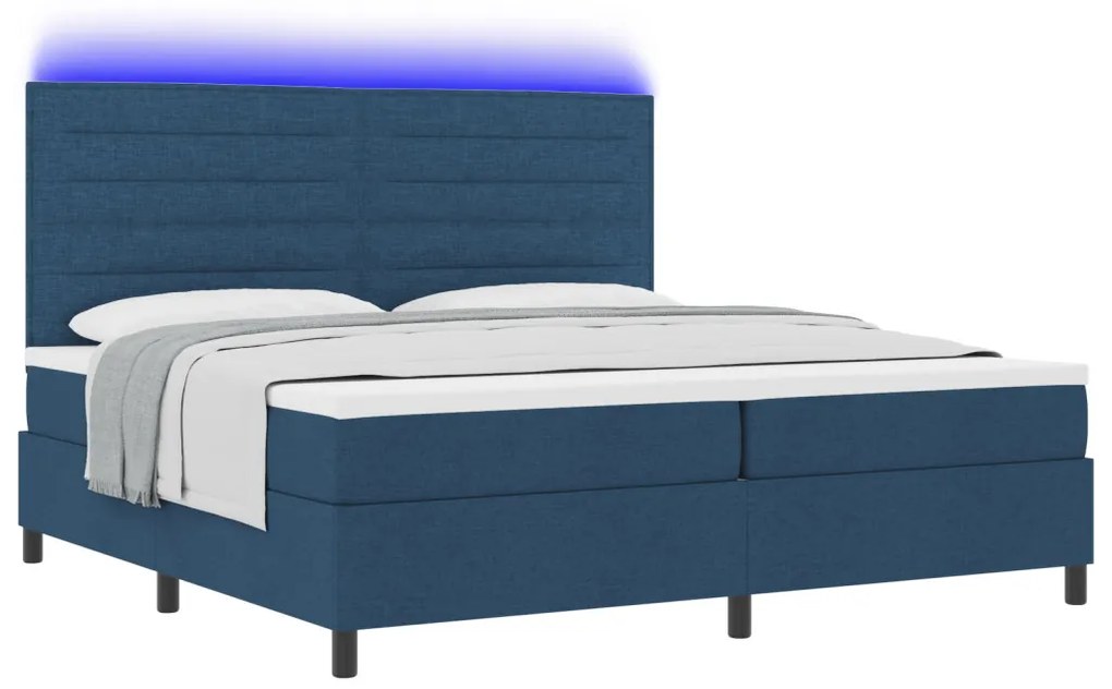Rugós ágy matraccal és LED kék, 200 x 200 cm-es szövet