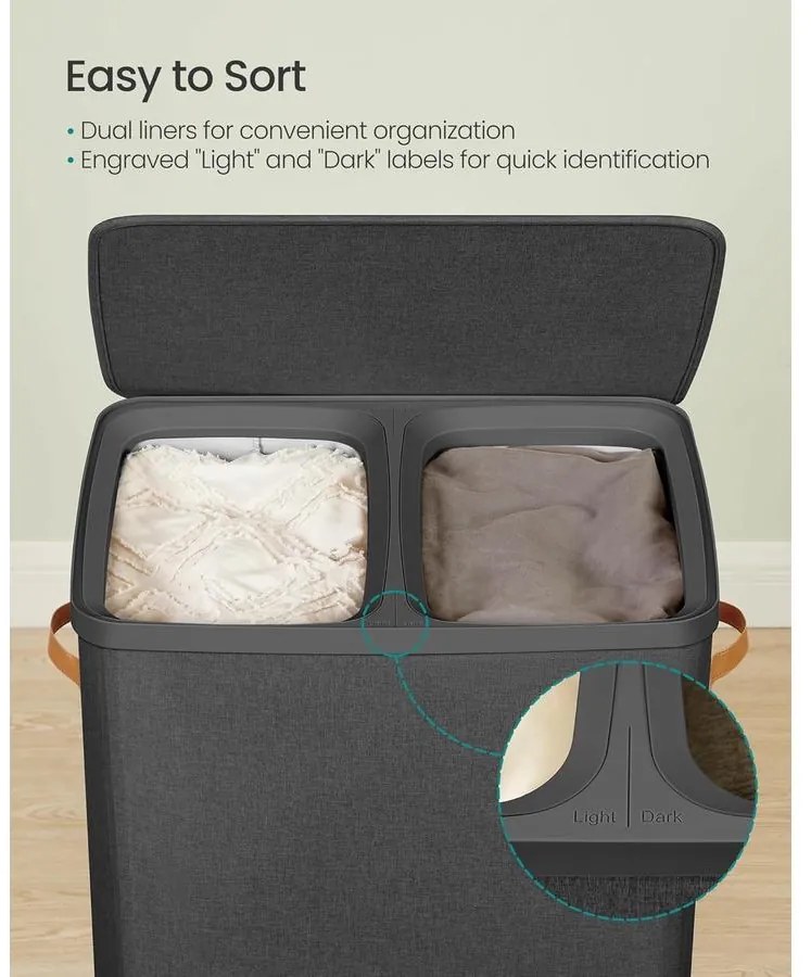 szennyeskosár 2 rekesszel, 170 l, 56 x 40 x 75 cm, fekete