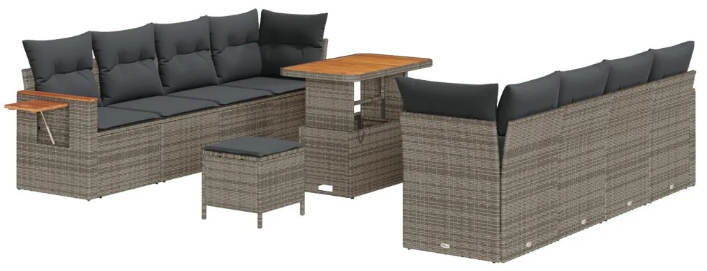 11 Részes Kert Kanapé Szett Párnákkal Szürke Poly Rattan Akácia, 3 Részes Kert Étkező Szett Párnákkal Szürke Poly Rattan Akácia