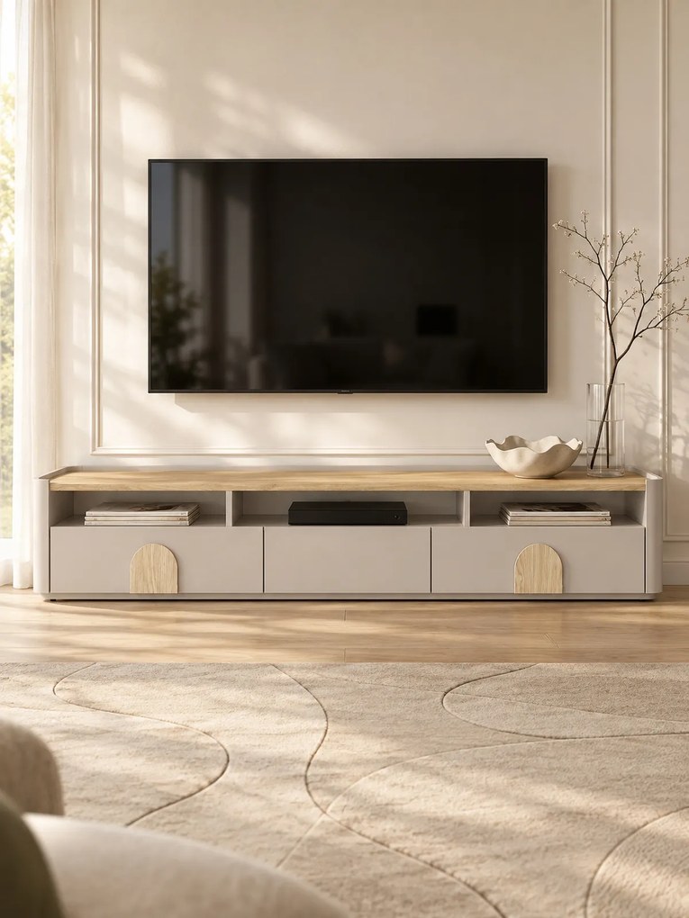 Amilio fiókos TV szekrény 200 cm - kasmír / olajozott tölgy / világos tölgy fogantyúk