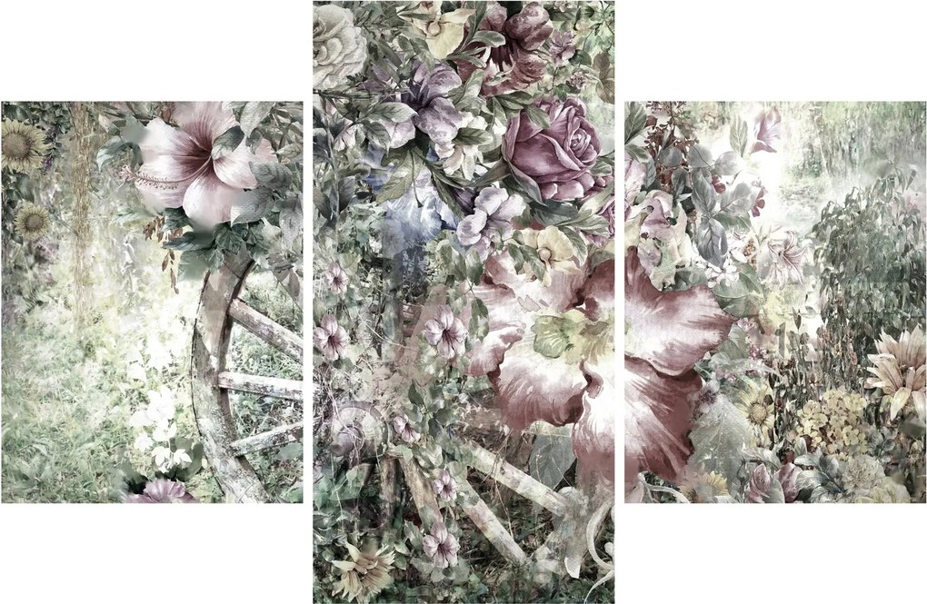 Virágok képe egy fából készült kerékpáron (90x60 cm)