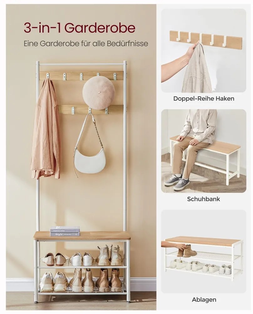 Előszoba fogas polccal, akasztókkal, cipőtartóval és ülőkével, tölgy és fehér 175x70x32cm