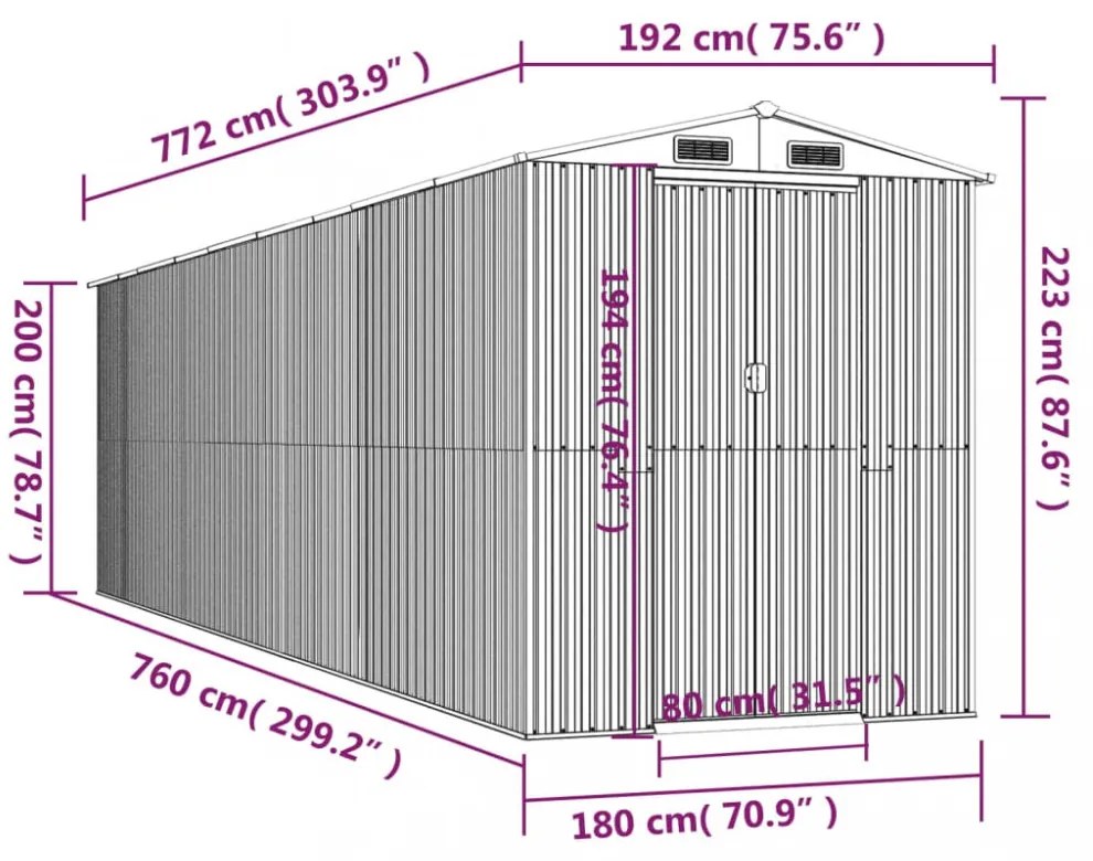 sötétbarna horganyzott acél kerti fészer 192 x 772 x 223 cm