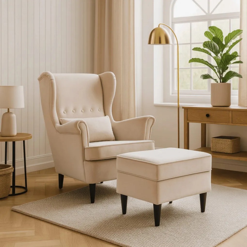 Elegáns Füles Fotel Lábtartóval, Bézs Bársony Kárpittal. EVAN 2