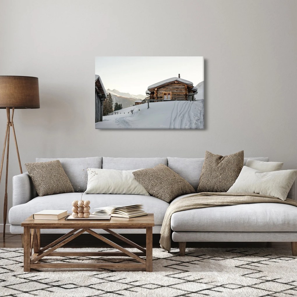 Kép - hegyi kunyhó a hóban (90x60 cm)
