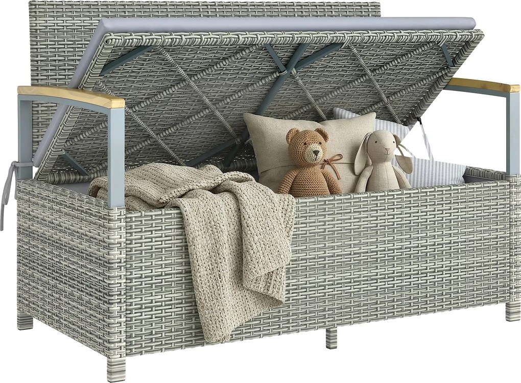 Outsunny 2 személyes rattan kerti tárolós pad, 170 L belső, mosható párna, háttámla és akácfa karfák, gázrugós fedél — világosszürke | Aosom