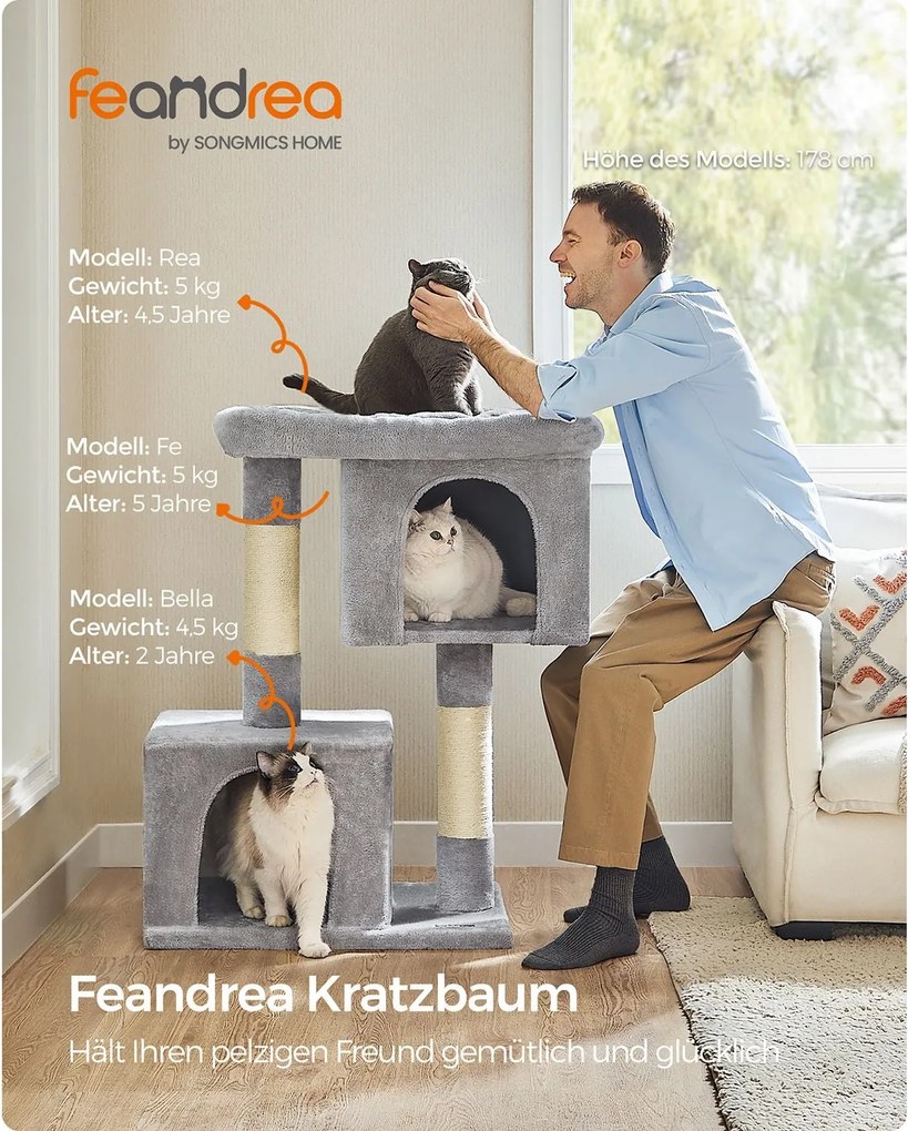 Feandrea XL macskavár (101 cm), 2 barlanggal és kilátóval, 20 kg-ig, világosszürke