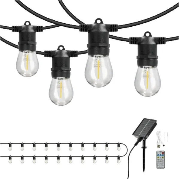 LED dimmelhető napelemes fényfüzér STARLIGHT NEO 20xE27/3,7V 2700K IP54 2400 mAh 21,5 m + távirányító