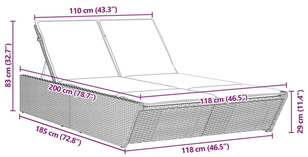 fekete polyrattan dupla napozóágy párnával