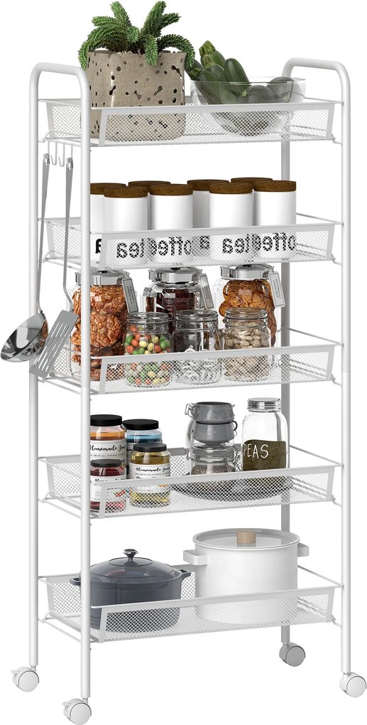 HOMCOM Helytakarékos 5-szintes Konyhai Kocsi Acél Hálós Kosarakkal, Tároló Kocsi Nappaliba és Hálószobába, Acél, 45x26,5x106 cm, Fehér | Aosom