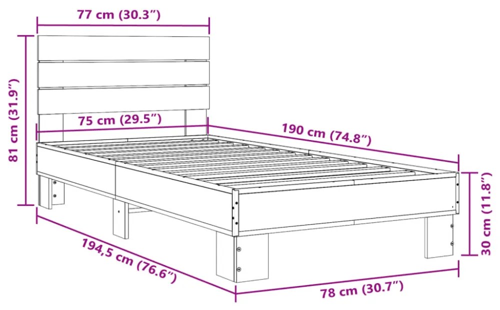 fekete szerelt fa és fém ágykeret 75 x 190 cm