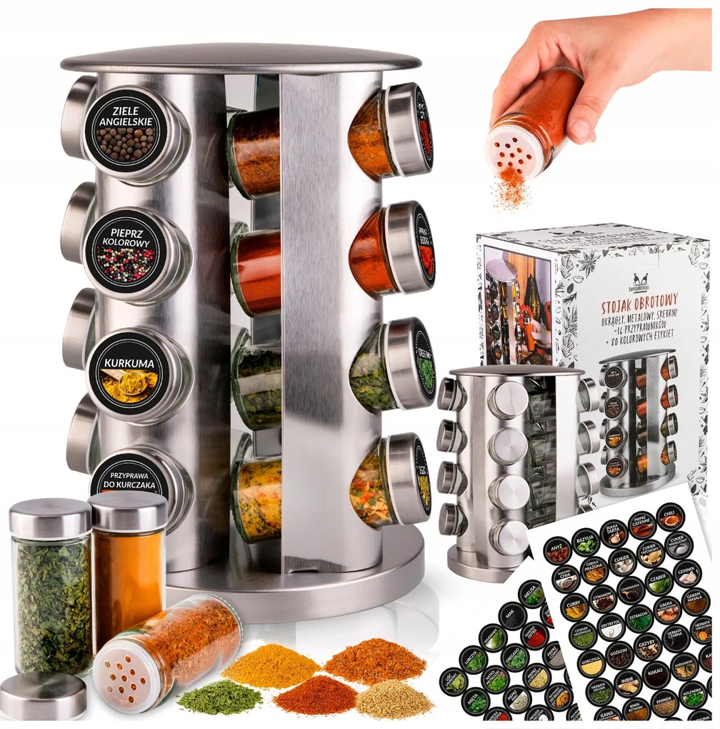 Fűszertartó Állvány Gyógynövények Forgatható Fűszertartó 16x Kis Befőttesüvegek Matricák