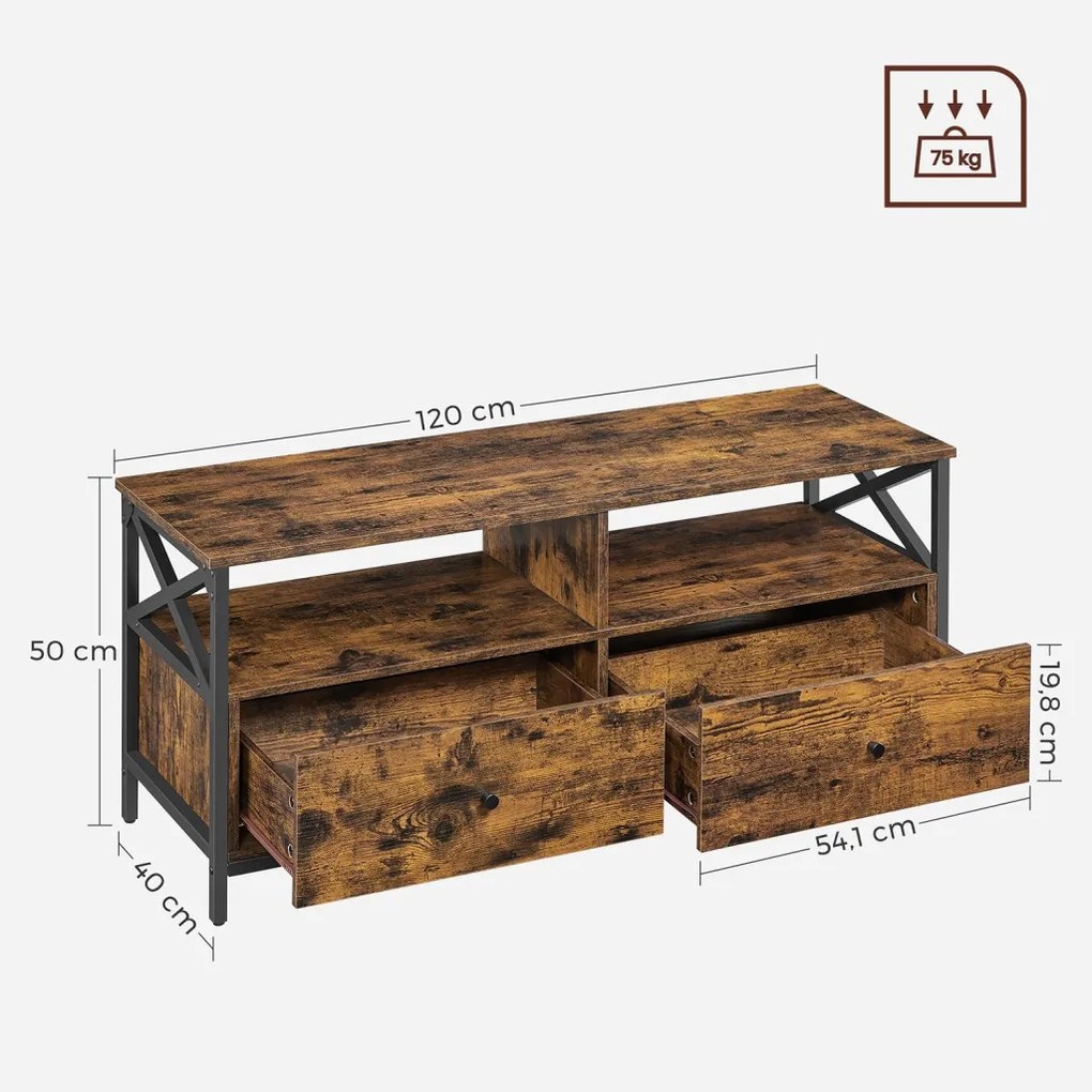 TV szekrény, 2 fiókkal és polcokkal, rusztikus barna és fekete 120x40x50cm
