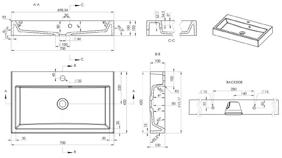 Sapho - ORINOKO pulton elhelyezhető mosdó 70x42 cm, márvány/fehér