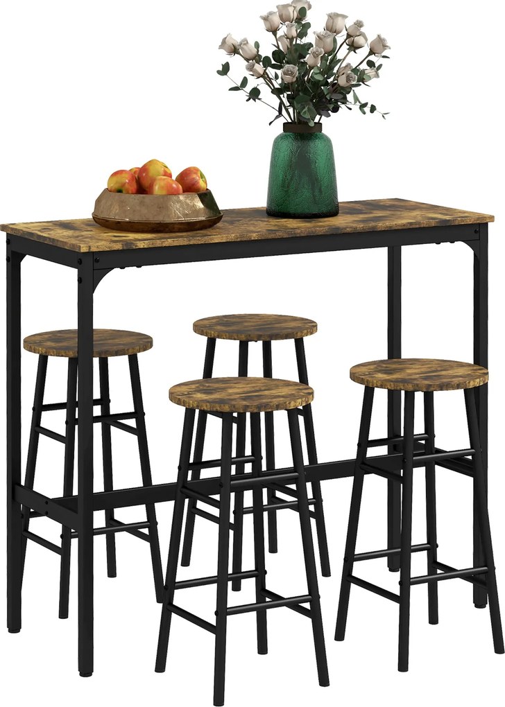 HOMCOM 4 Fős Téglalap Asztal Szett Székekkel, 4 Puffal MDF-ből és Acélból, Puffok Ø30x60 cm és Téglalap Asztal 105x40x90 cm, Fekete és Rusztikus Barna