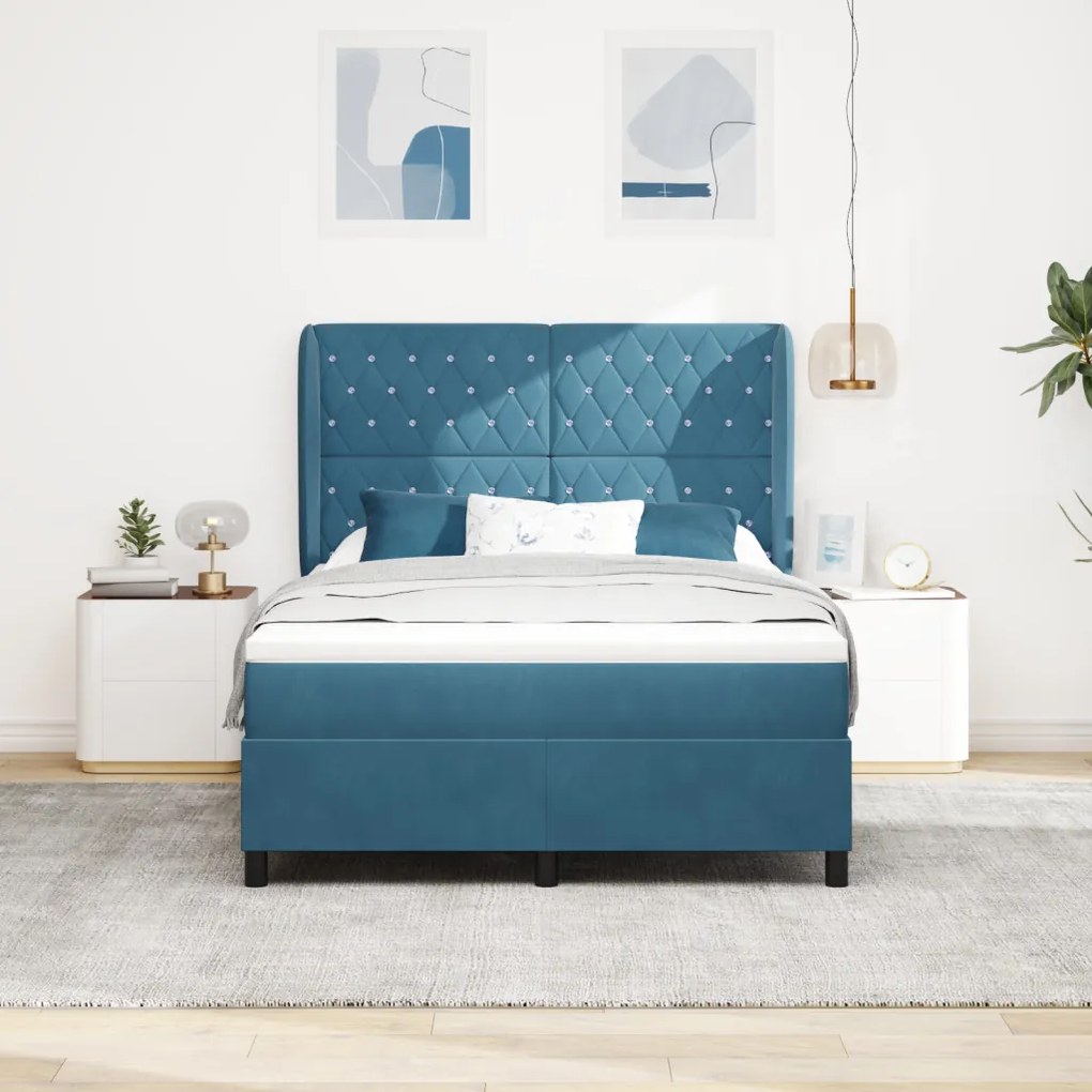 Boxspring Ágy Matraccal Sötét Kék - 140x200 cm - Bársony