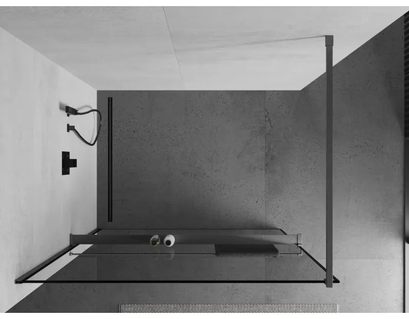 Mexen Kioto+, Walk-In zuhany paraván polccal és akasztóval 120 x 200 cm, 8 mm átlátszó üveg fekete mintás, grafit profil, 800-120-121-66-70