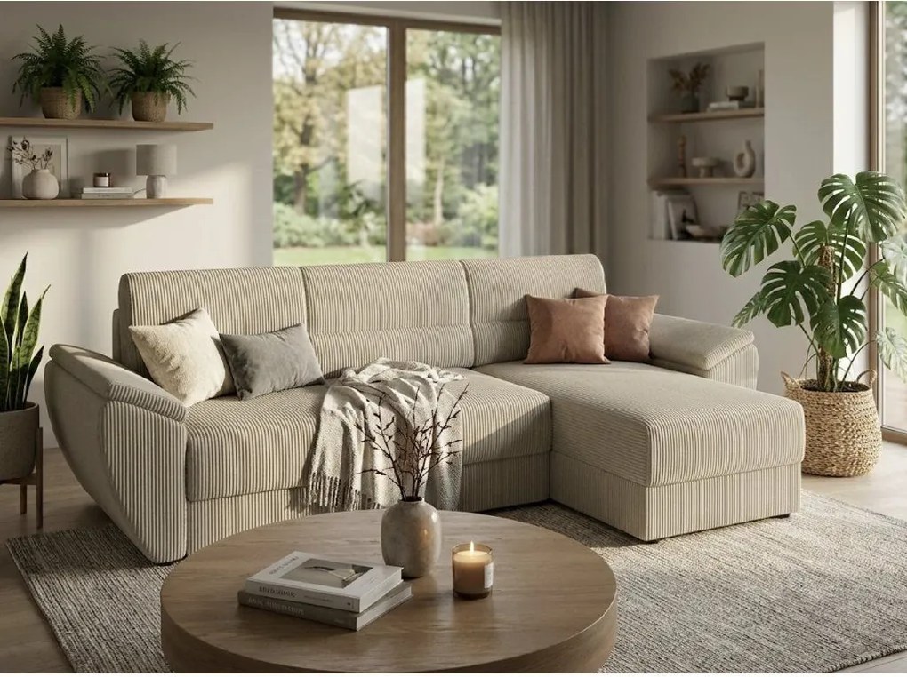 Kihúzható, kétoldalas L alakú kanapé TAVERO 251x140 cm, világos bézs