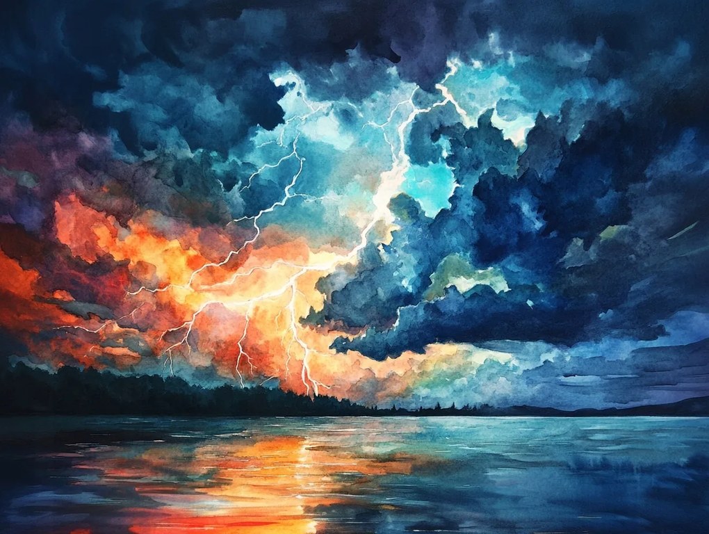 Vászonkép Canvas Tájkép Tó Folyó Víz Ég Vihar Villám 100x75