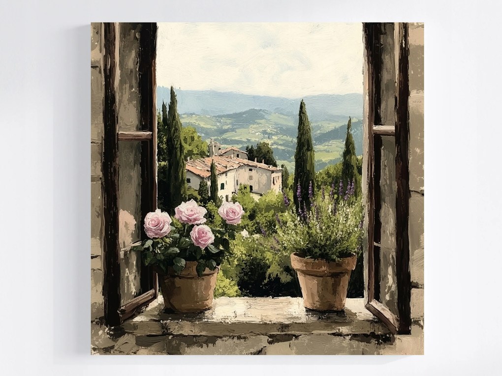 Canvas Vászonkép Ablak Olaszország Toszkána Virágok Rózsák Levendula 40x40