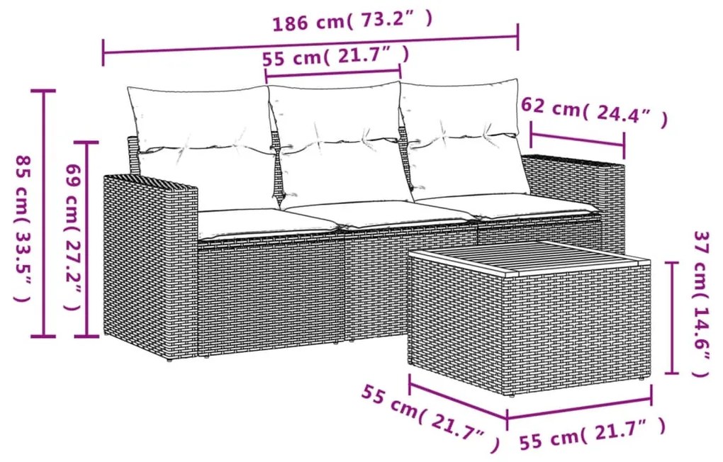4 részes fekete polyrattan kerti ülőgarnitúra párnákkal