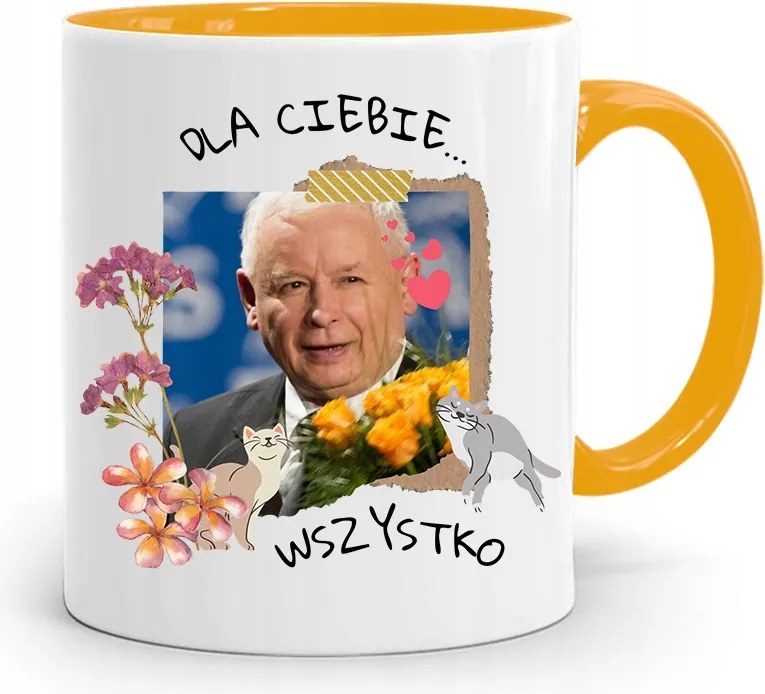 Sárga Vicces Bögre Jaroslaw Kaczynski felirattal, fényképpel