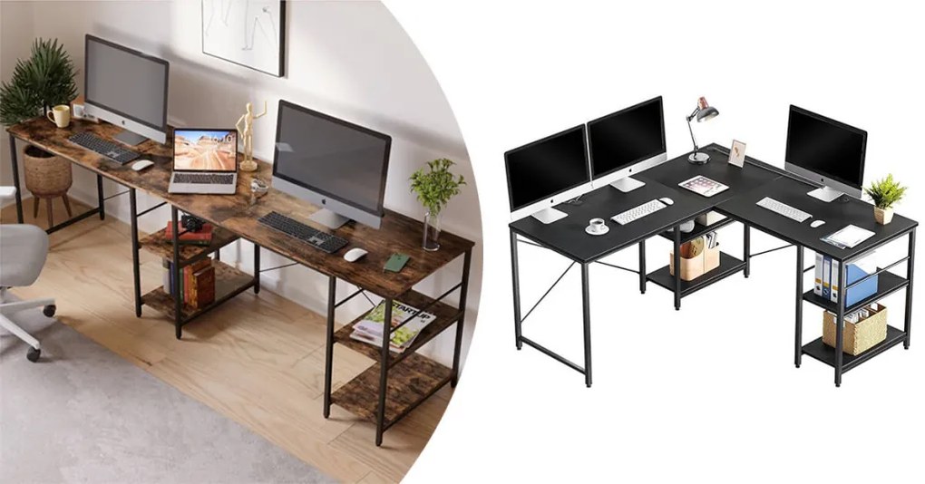 Átalakítható L alakú íróasztal polcokkal, fekete