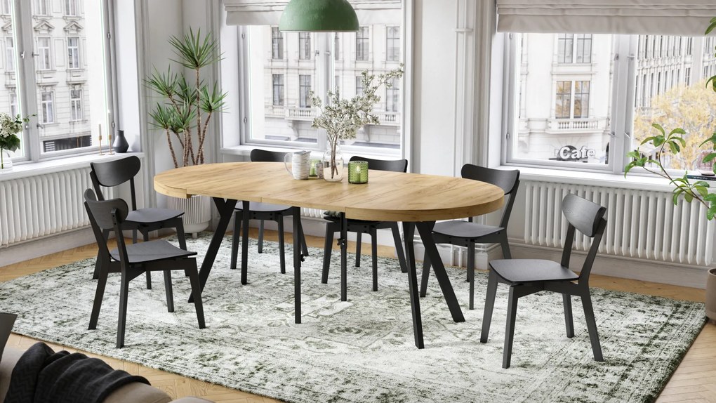 Mazzoni VITO Anyagminta Arany Tölgy/fekete lábak - LOFT/IPARI STÍLUSÚ 310 cm-re BŐVÍTHETŐ NAGY KEREK ASZTAL Ø110 Y LÁBAKKAL