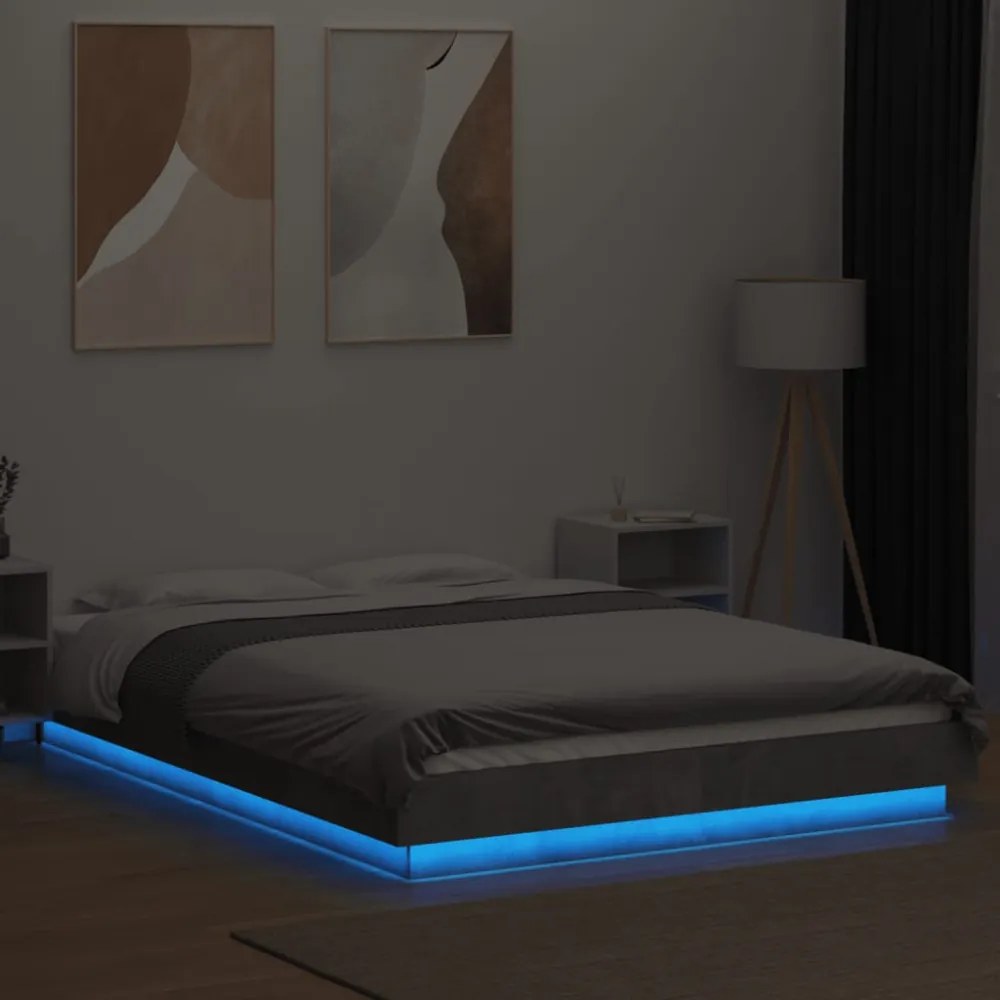 betonszürke szerelt fa ágykeret LED-del 120 x 200 cm