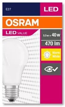 LED izzó, E27, gömb, A60, 5W, 470lm, 2700K (MF), OSRAM Value (OLEDE2702)