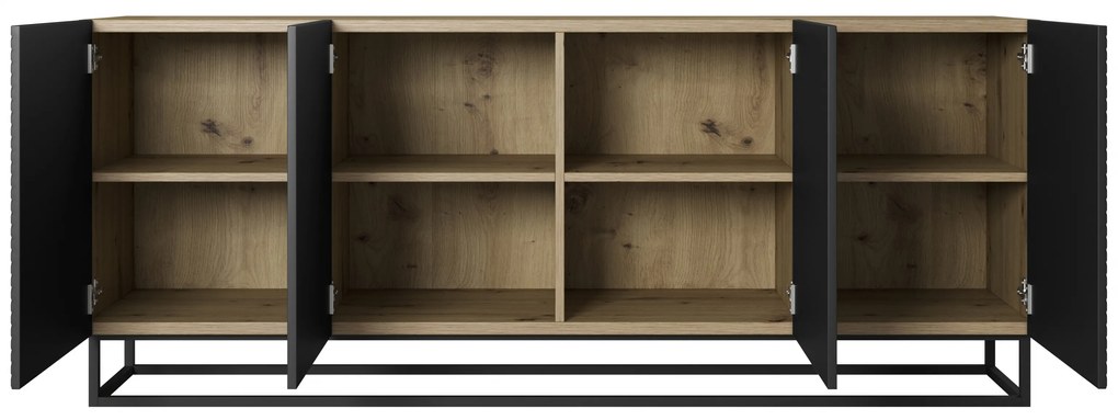 Asha komód 200 cm négyajtós - artisan / fekete matt / fekete láb