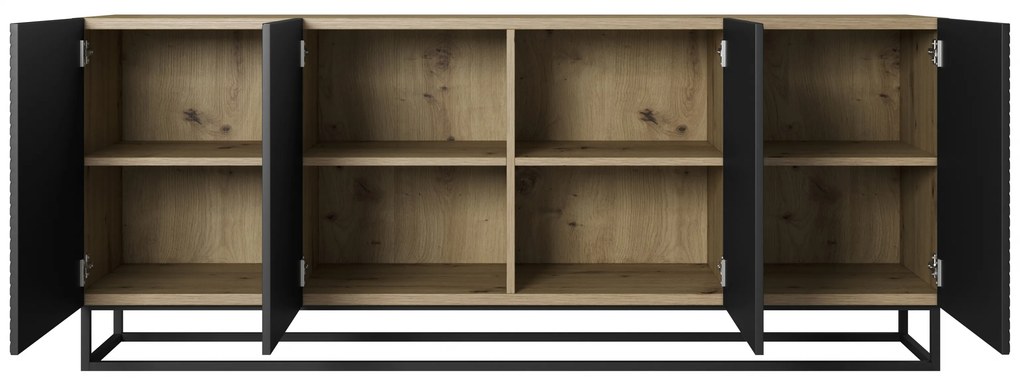 Asha négyajtós komód 200 cm - artisan tölgy / matt fekete / fekete keret