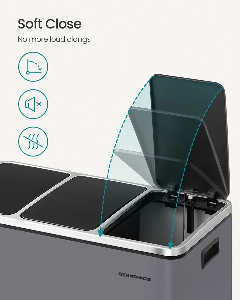 Háromrészes pedálos kuka 3 x 18L lágy záródású fedéllel, szürke