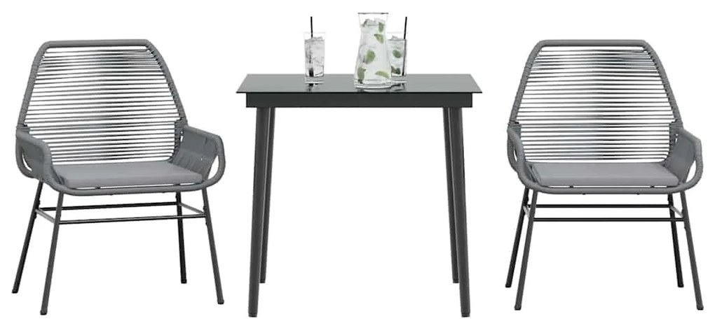 vidaXL 3 részes szürke polyrattan üveg kerti étkezőgarnitúra párnával