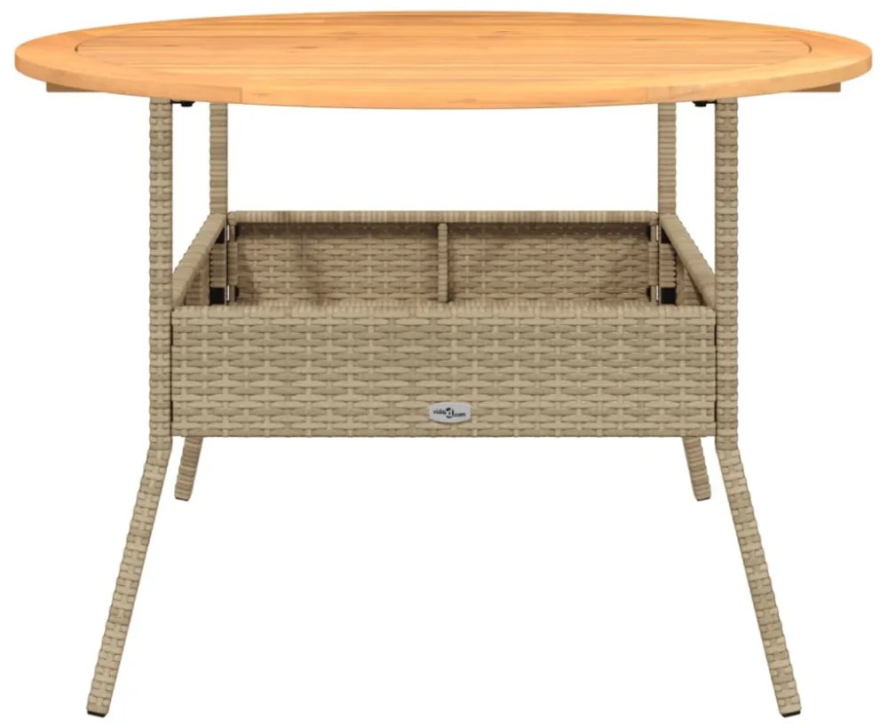 bézs polyrattan kerti asztal akácfa lappal Ø110 x 71 cm