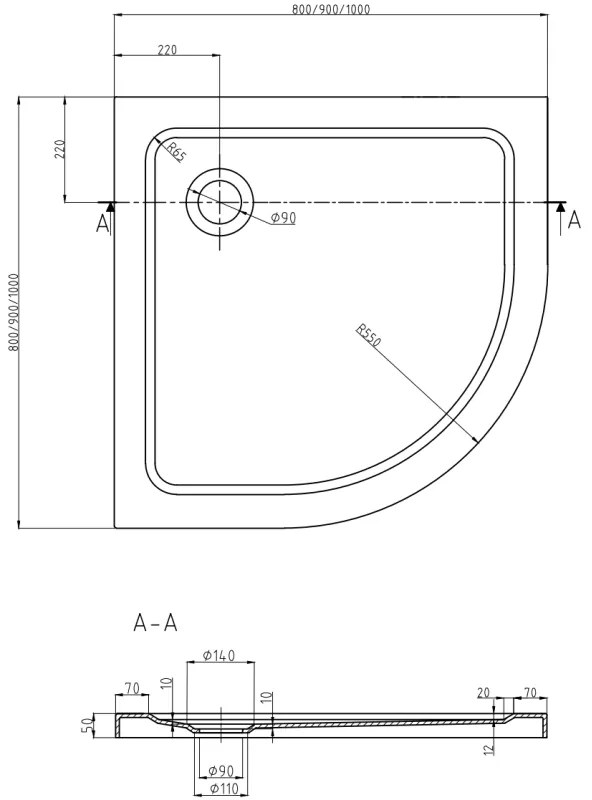 Mexen SLIM - Negyedkör alakú zuhanytálca 80x80x5cm + fekete szifon, fekete, 41708080B