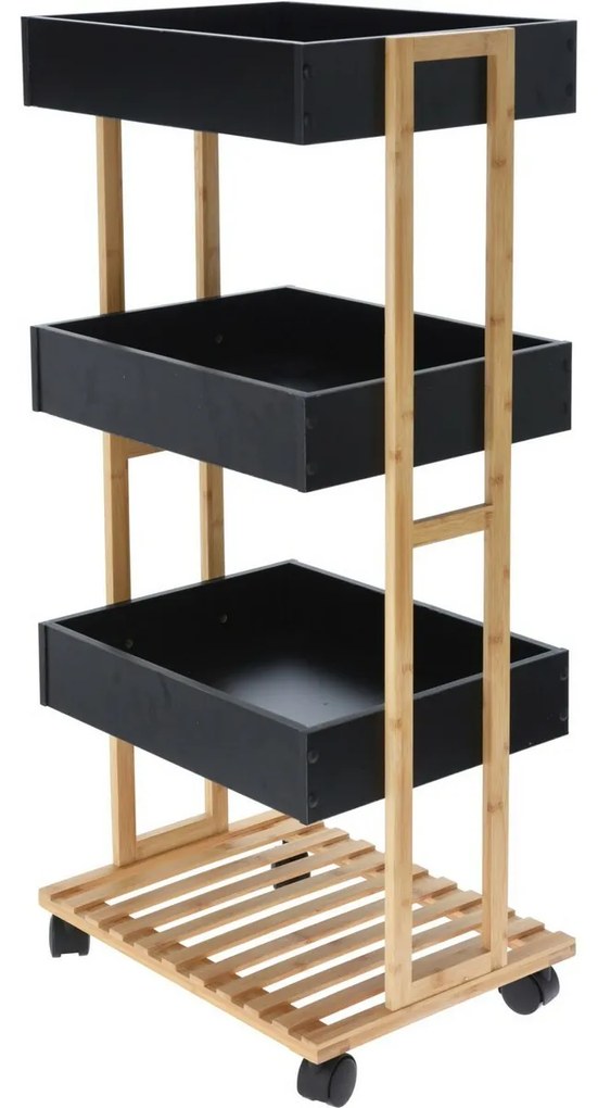 Bamboo kerekes tároló polc, fekete, 40 x 87,5 x 30 cm
