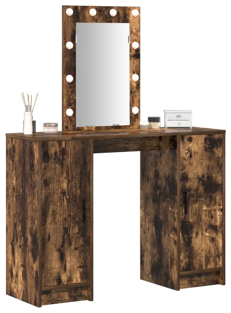 Fésülködőasztal LED Lámpákkal Füstölt Tölgy 102x33x135 cm