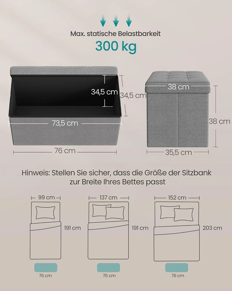Puff, összecsukható tároló ottomán pad, lábtámasz, 80 L, 76x38x38 cm, világosszürke