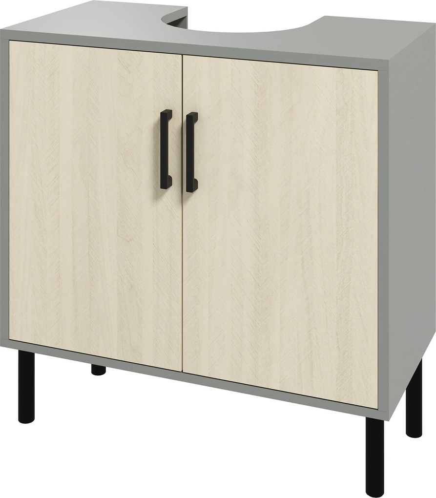 Kleankin Mosdó Alatti Fürdőszobai Szekrény Kettős Ajtóval és Polccal, 60x30x60cm, Szürke és Tölgy Szín | Aosom