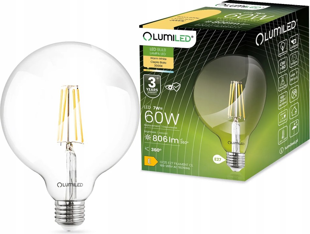 Led izzó E27 Nagy G125 Filament 7W Edison Dekoratív Retro Lumiled