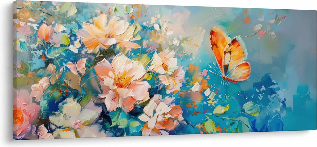 Kép - Pillangó és virágok, olajfestmény II. (120x50 cm)