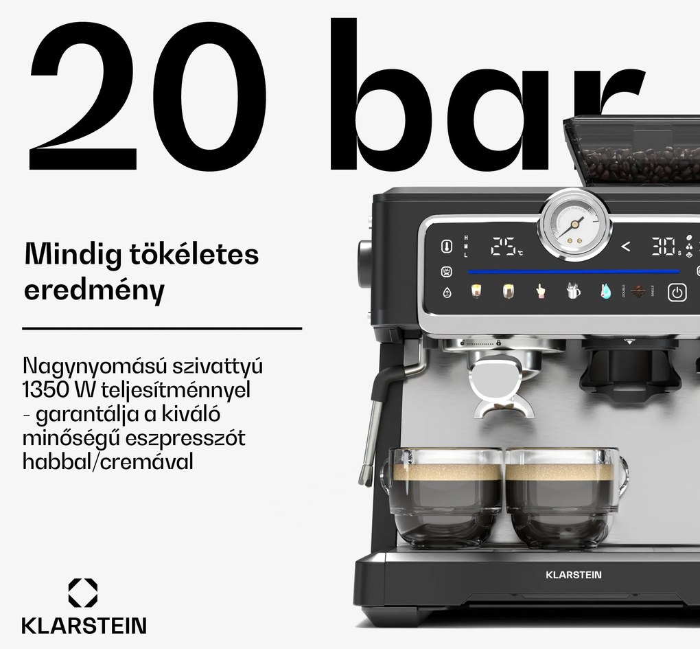 Klarstein GrandPresso Touch kávéfőző, 20 bar, beépített daráló, nyomásjelző, tejhab