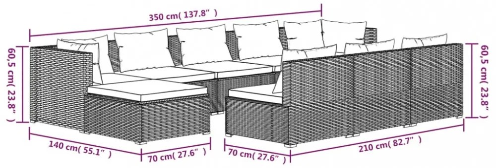 vidaXL 10 részes barna polyrattan kerti bútorszett párnákkal