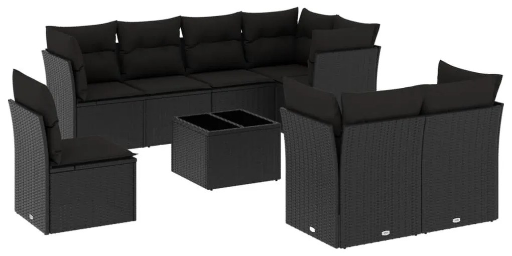 9 részes fekete polyrattan kerti ülőgarnitúra párnákkal