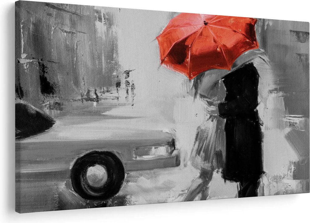 Kép - Szerelmespár egy esernyő alatt, piros (90x60 cm)