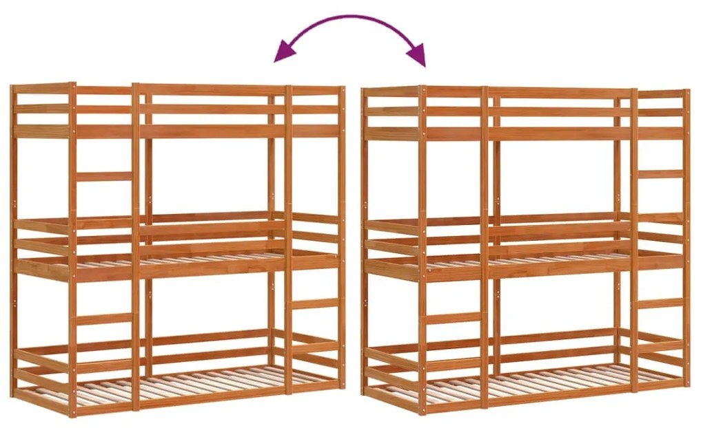 viaszbarna tömör fenyőfa háromszintes ágy 80 x 200 cm