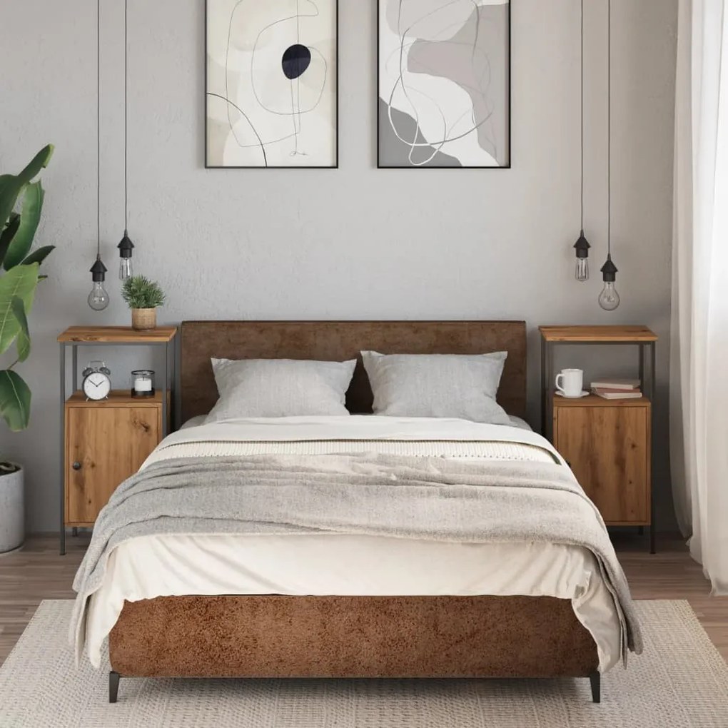 2 db kézműves tölgy színű szerelt fa éjjeliszekrény 41x31x80 cm