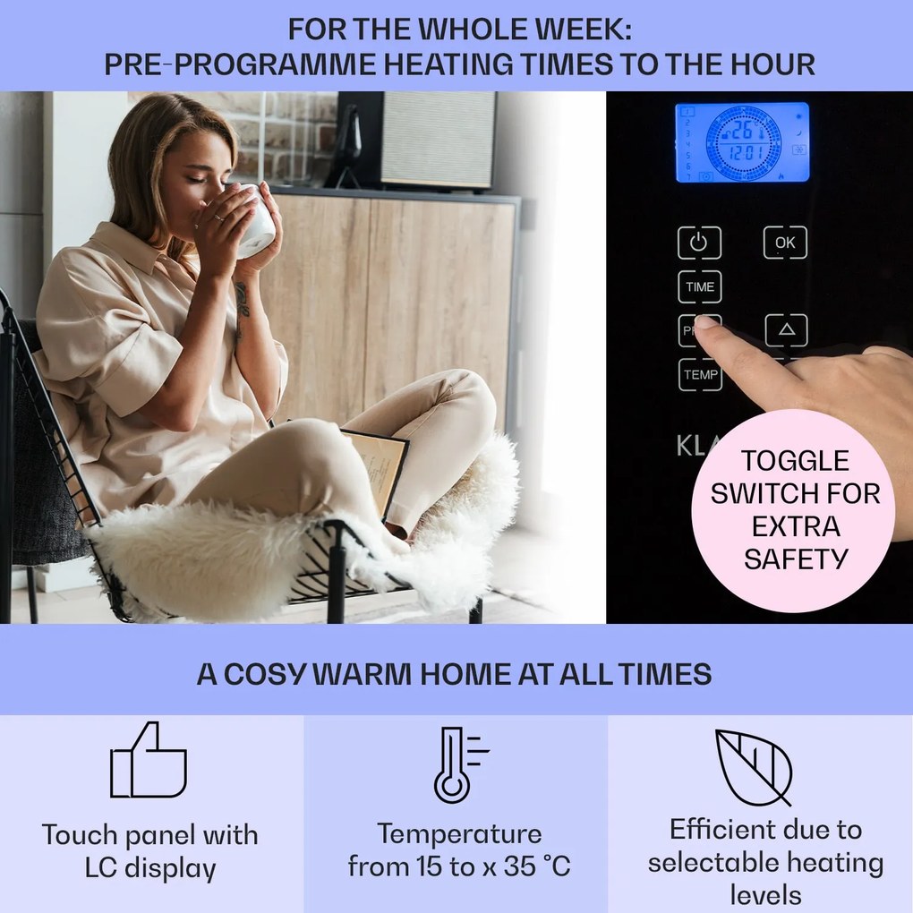 Klarstein Norderney, konvektor, 1000 W termosztát, időzítő, 20 m², fekete